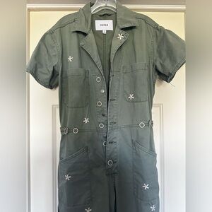 Green jumpsuit with pretty white flowers